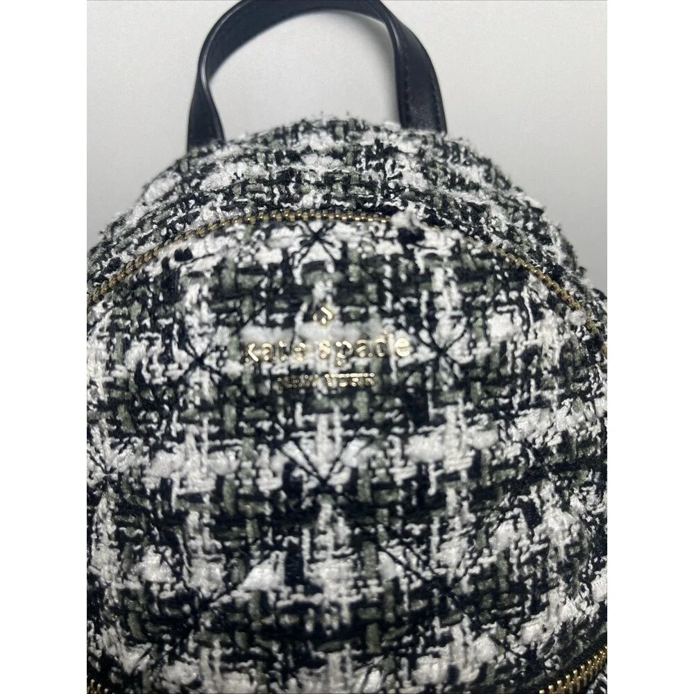 Kate Spade New York Mini Backpack Black White Tweed Gold Zip Spade Print
